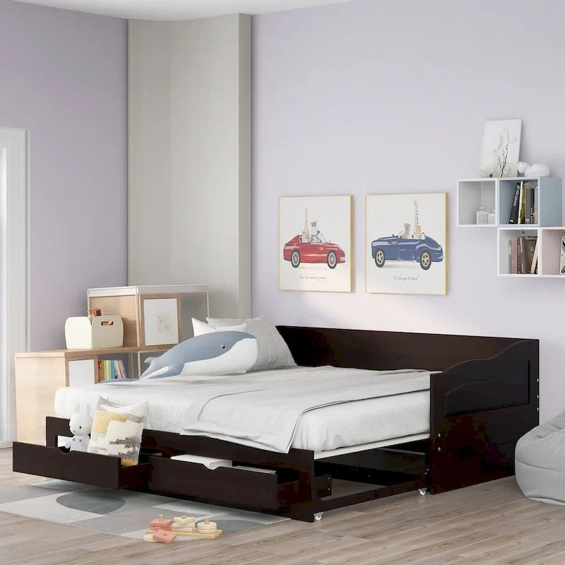 Divano letto in legno con letto estraibile e 2 cassetti portaoggetti, da una piazza e mezza a matrimoniale, per 1-2 persone, Bianco/Espresso/Grigio