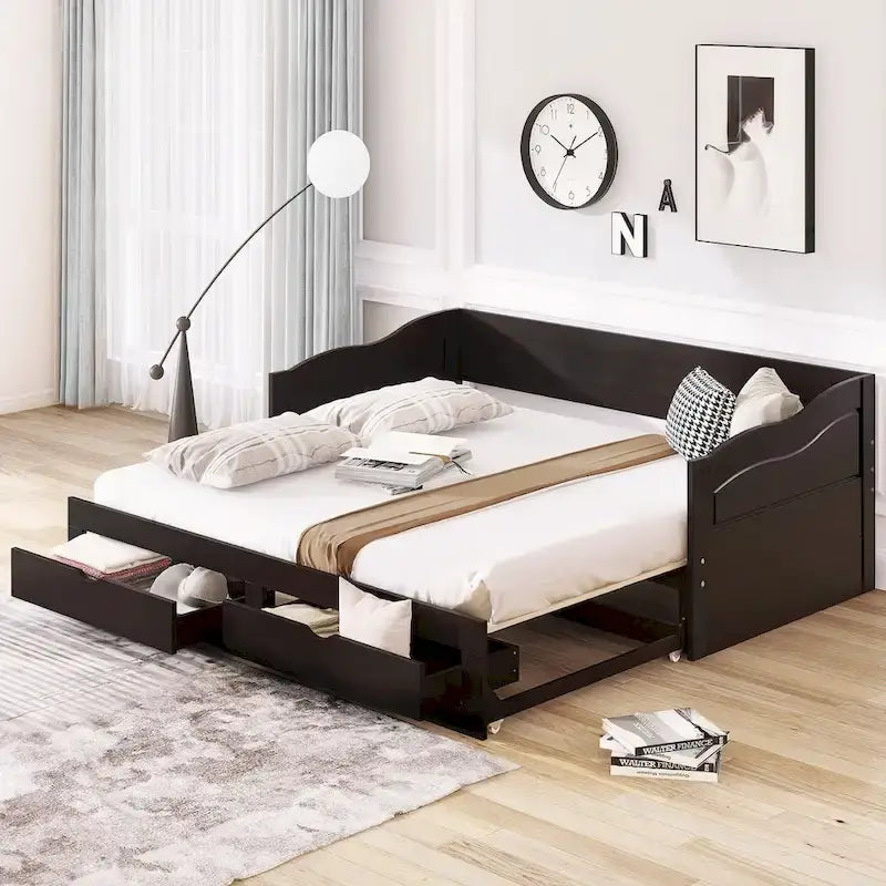 Divano letto in legno con letto estraibile e 2 cassetti portaoggetti, da una piazza e mezza a matrimoniale, per 1-2 persone, Bianco/Espresso/Grigio