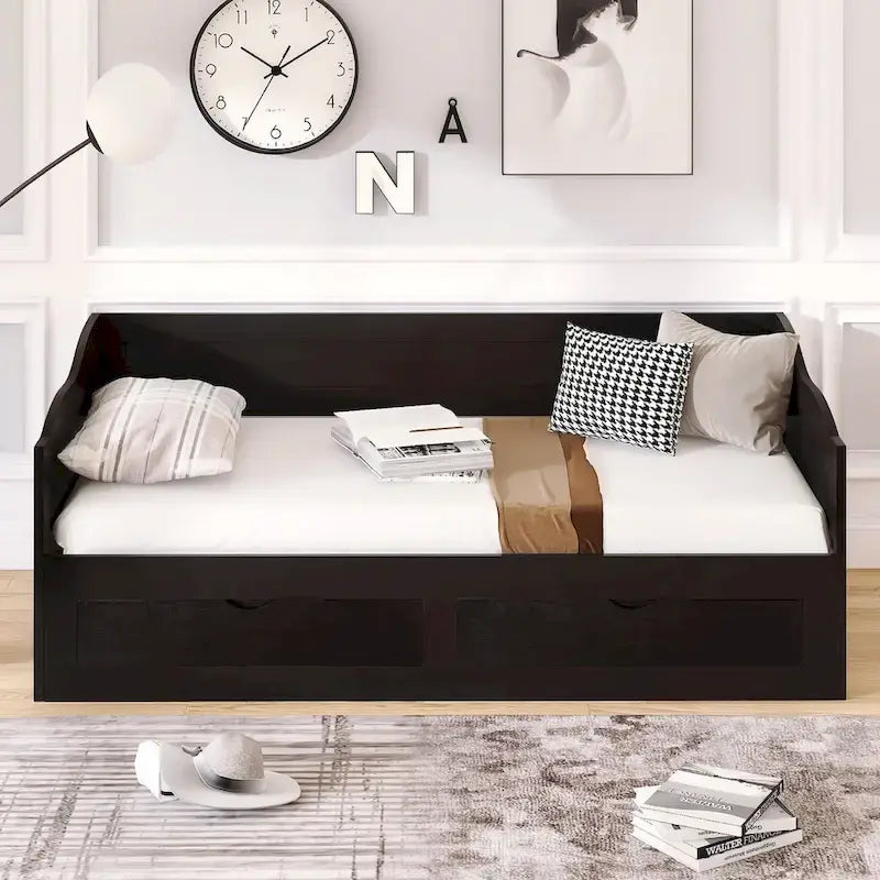 Divano letto in legno con letto estraibile e 2 cassetti portaoggetti, da una piazza e mezza a matrimoniale, per 1-2 persone, Bianco/Espresso/Grigio