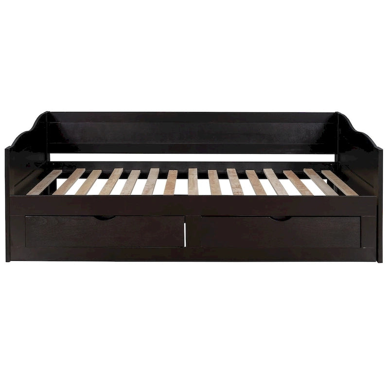 Divano letto in legno con letto estraibile e 2 cassetti portaoggetti, da una piazza e mezza a matrimoniale, per 1-2 persone, Bianco/Espresso/Grigio