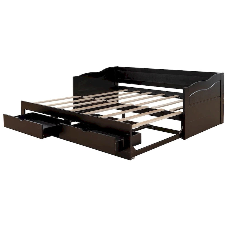 Divano letto in legno con letto estraibile e 2 cassetti portaoggetti, da una piazza e mezza a matrimoniale, per 1-2 persone, Bianco/Espresso/Grigio