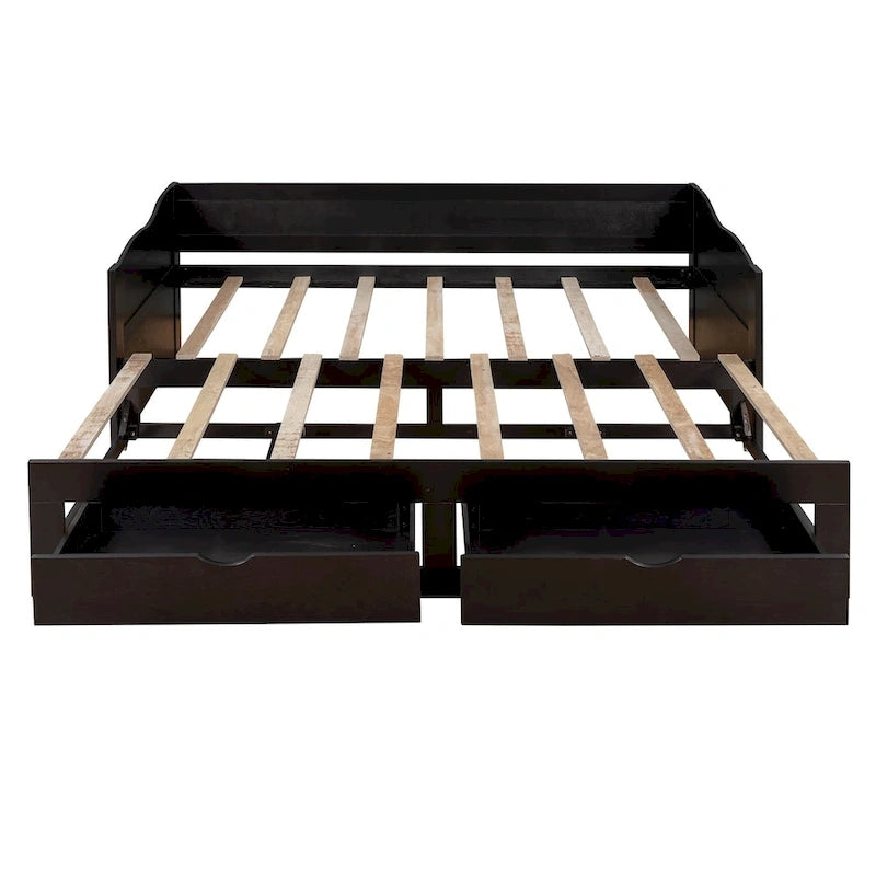Divano letto in legno con letto estraibile e 2 cassetti portaoggetti, da una piazza e mezza a matrimoniale, per 1-2 persone, Bianco/Espresso/Grigio