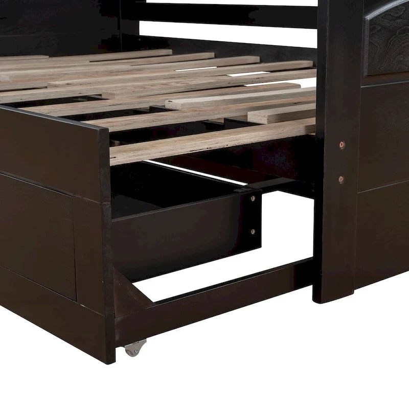 Divano letto in legno con letto estraibile e 2 cassetti portaoggetti, da una piazza e mezza a matrimoniale, per 1-2 persone, Bianco/Espresso/Grigio