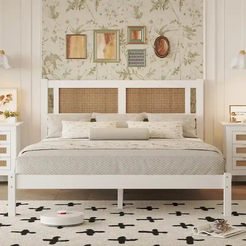 Testata letto a piattaforma in rattan bianco/nero, piazza e mezza/matrimoniale, 1 persona