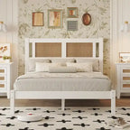 Wooden Platform Bed with Natural Rattan Headboard