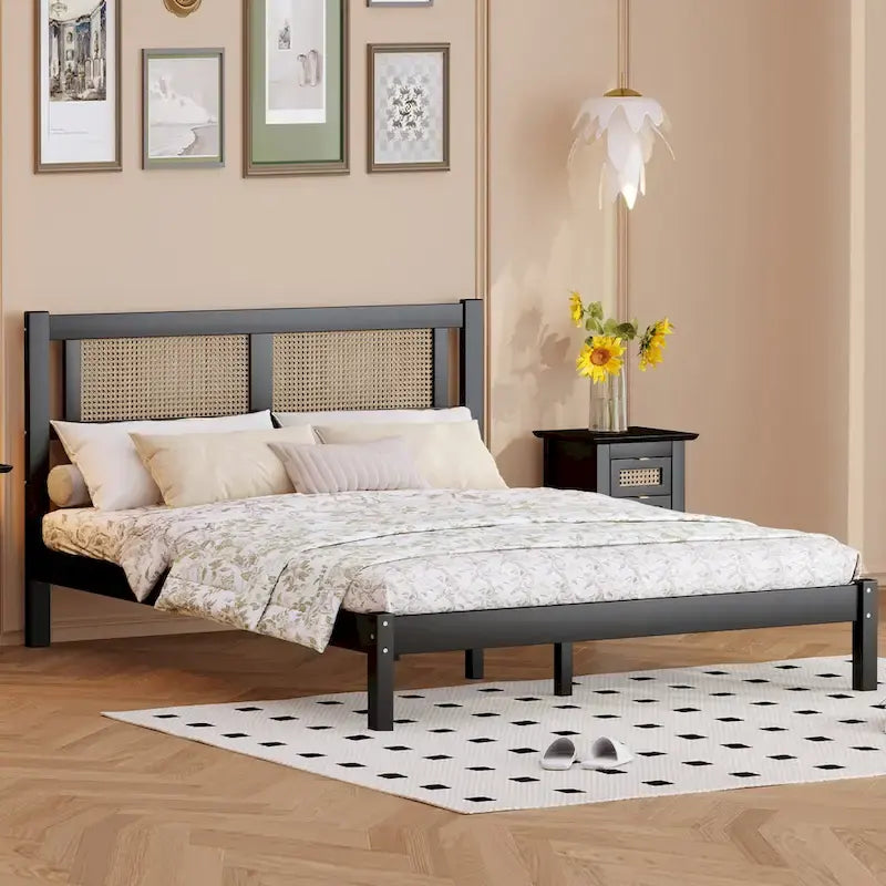Testata letto a piattaforma in rattan bianco/nero, piazza e mezza/matrimoniale, 1 persona
