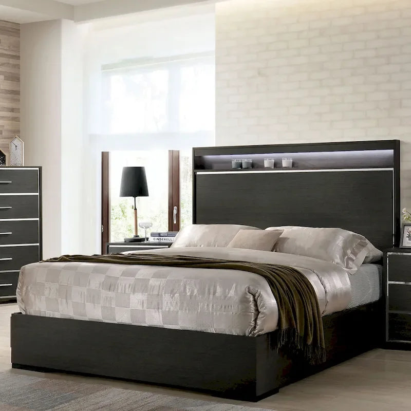 Set camera da letto grigio 3 pezzi con LED e USB – King/Queen
