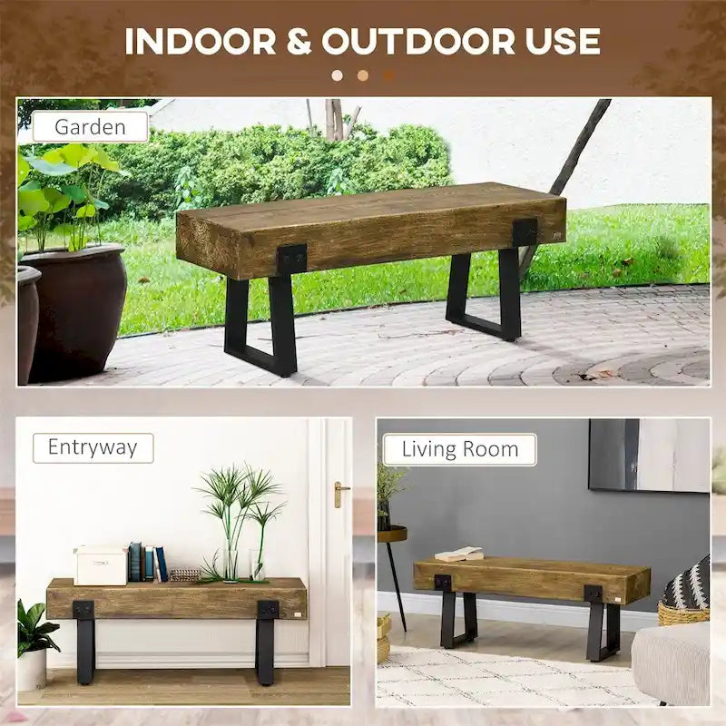Panca da giardino con gambe in metallo, Panca da ingresso in cemento effetto legno rustico