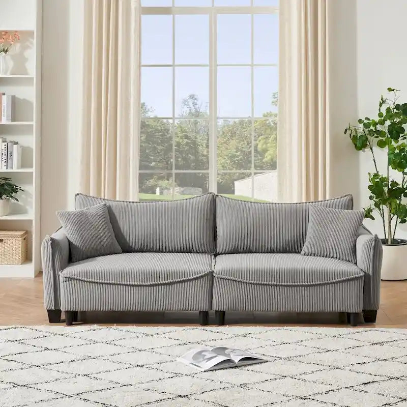 Divano Letto Convertibile in Velluto a Coste Beige / Verde / Grigio, 2 Posti con 2 Cuscini Decorativi