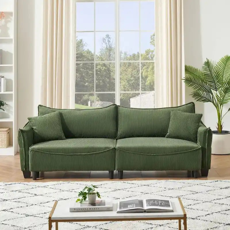 Divano Letto Convertibile in Velluto a Coste Beige / Verde / Grigio, 2 Posti con 2 Cuscini Decorativi