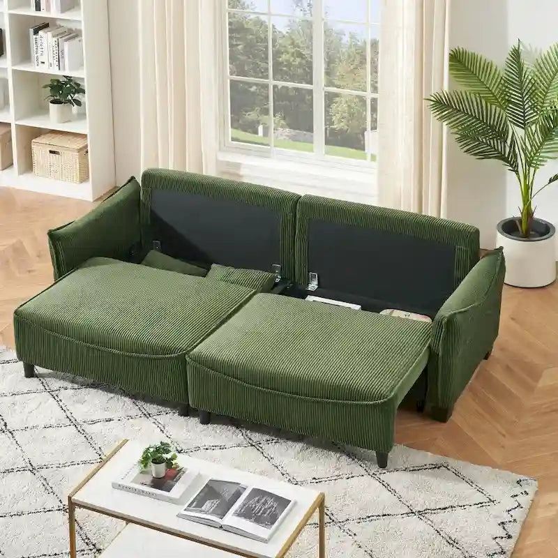 Divano Letto Convertibile in Velluto a Coste Beige / Verde / Grigio, 2 Posti con 2 Cuscini Decorativi