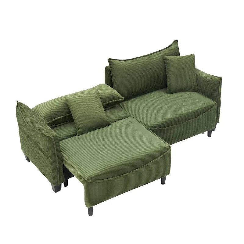 Divano Letto Convertibile in Velluto a Coste Beige / Verde / Grigio, 2 Posti con 2 Cuscini Decorativi
