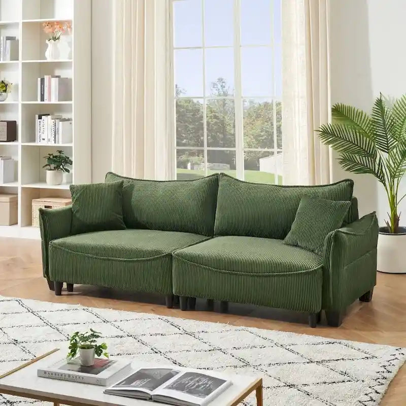 Divano Letto Convertibile in Velluto a Coste Beige / Verde / Grigio, 2 Posti con 2 Cuscini Decorativi