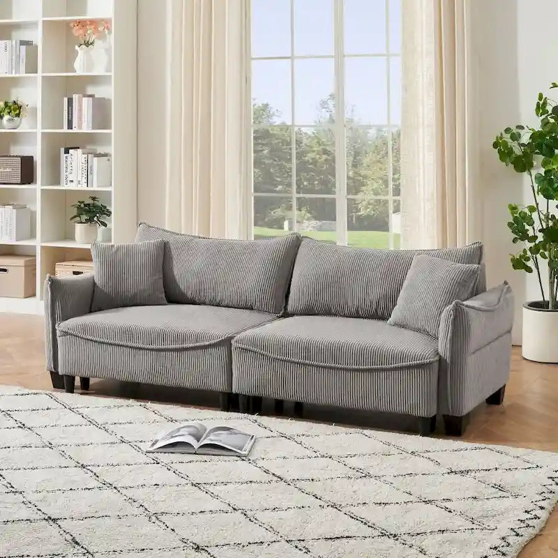 Divano Letto Convertibile in Velluto a Coste Beige / Verde / Grigio, 2 Posti con 2 Cuscini Decorativi
