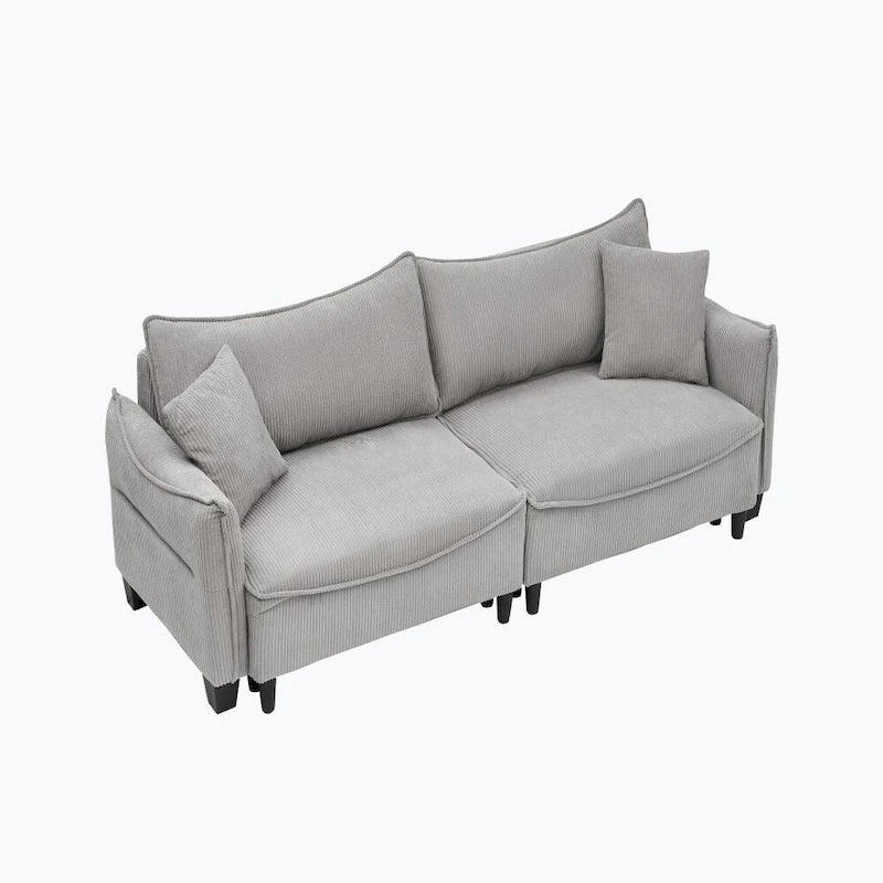 Divano Letto Convertibile in Velluto a Coste Beige / Verde / Grigio, 2 Posti con 2 Cuscini Decorativi