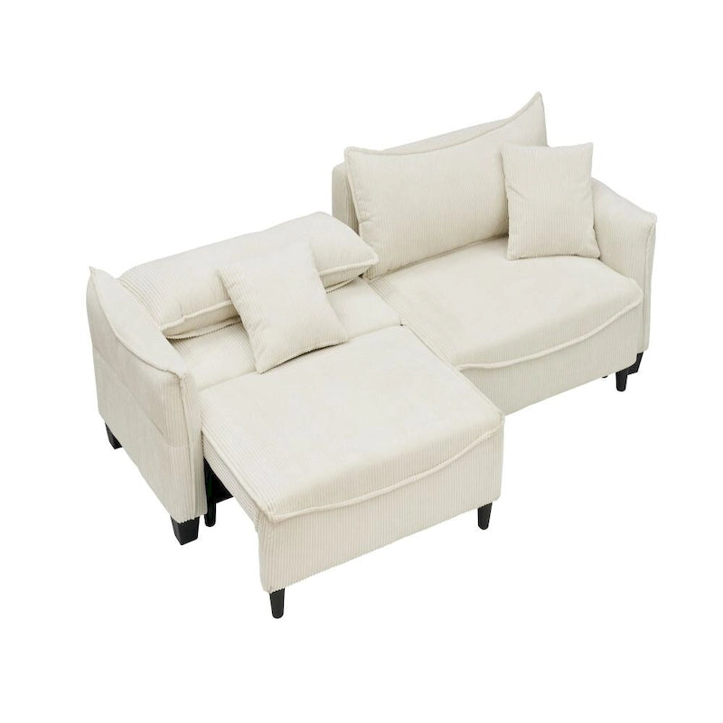 Divano Letto Convertibile in Velluto a Coste Beige / Verde / Grigio, 2 Posti con 2 Cuscini Decorativi