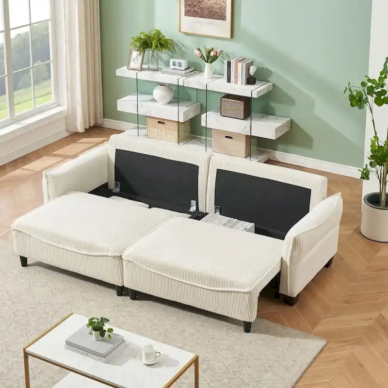 Divano Letto Convertibile in Velluto a Coste Beige / Verde / Grigio, 2 Posti con 2 Cuscini Decorativi