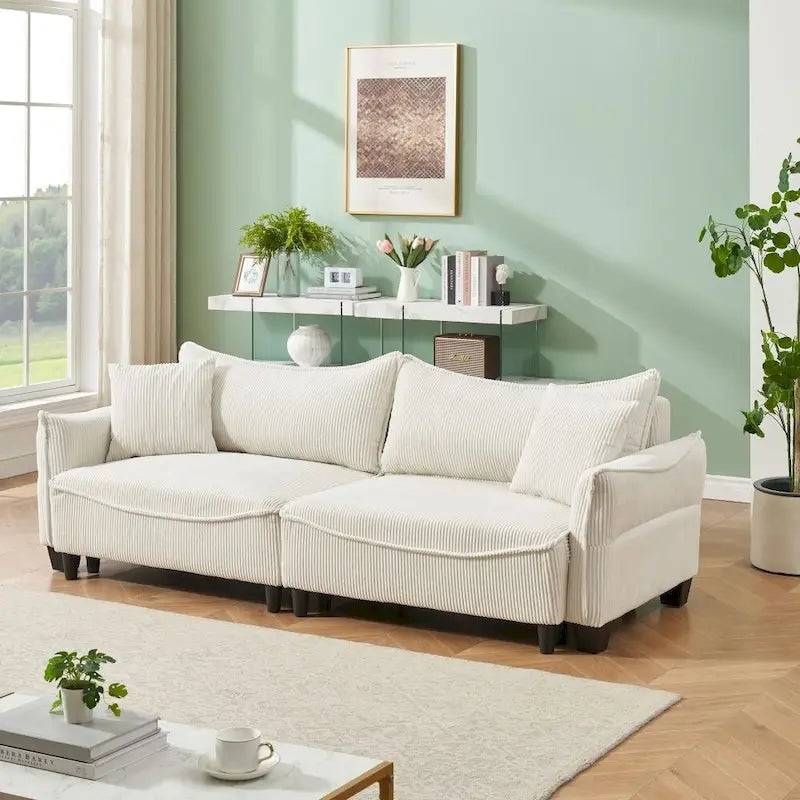 Divano Letto Convertibile in Velluto a Coste Beige / Verde / Grigio, 2 Posti con 2 Cuscini Decorativi
