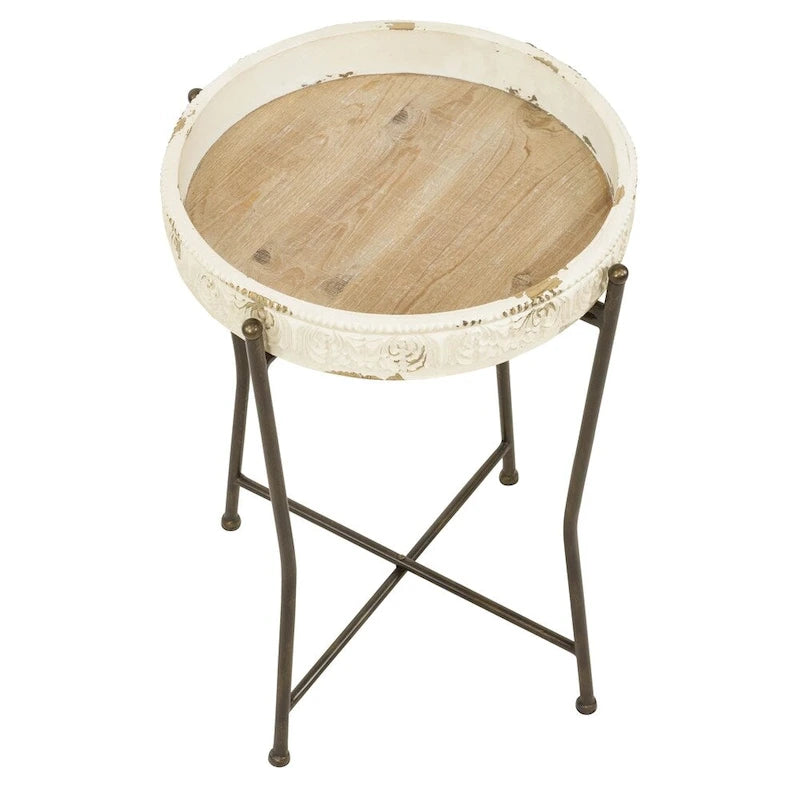 Tavolino d'appoggio bianco con ripiano in legno, stile rustico, per 1 persona