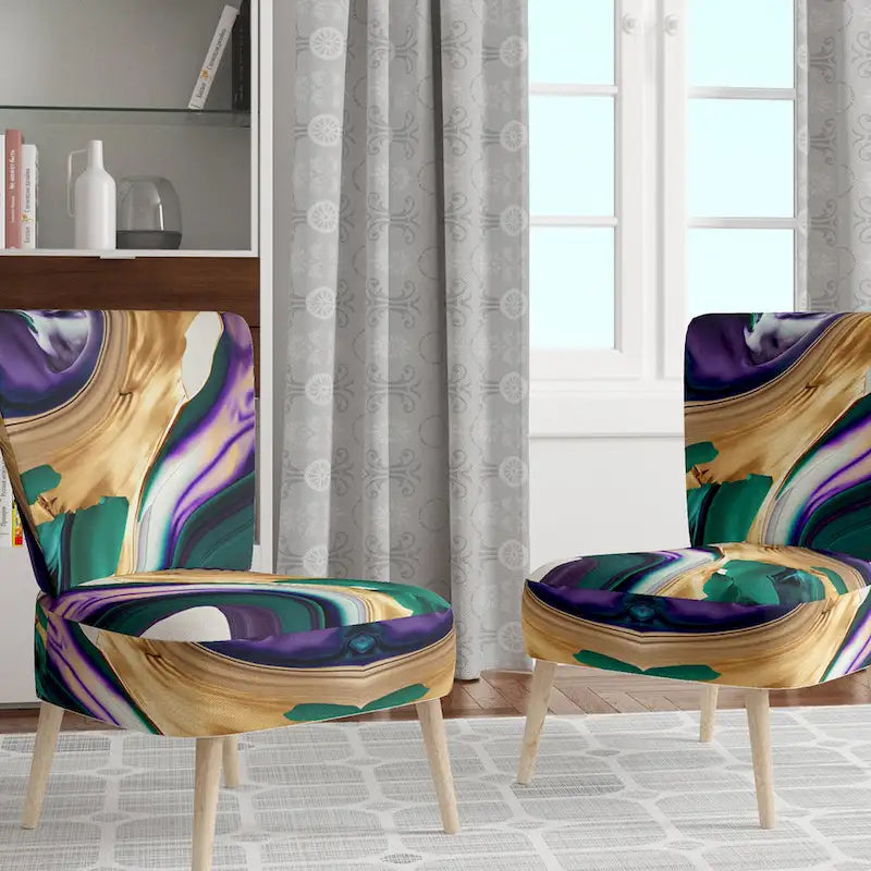 Poltrona decorativa con motivo astratto viola e verde, seduta singola – Stile con braccioli / laterale / senza braccioli