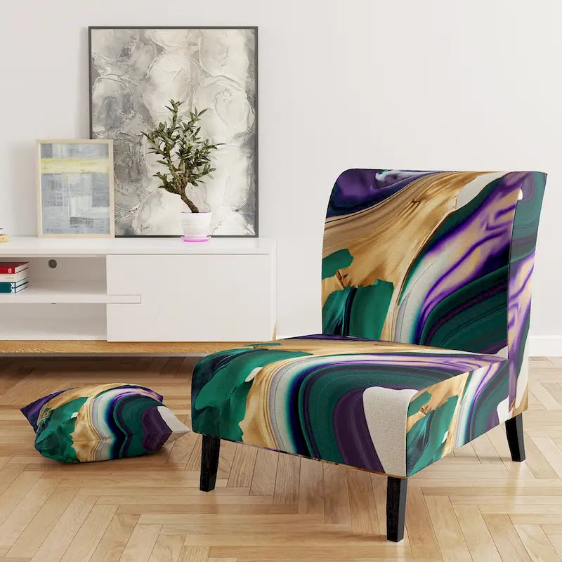 Poltrona decorativa con motivo astratto viola e verde, seduta singola – Stile con braccioli / laterale / senza braccioli