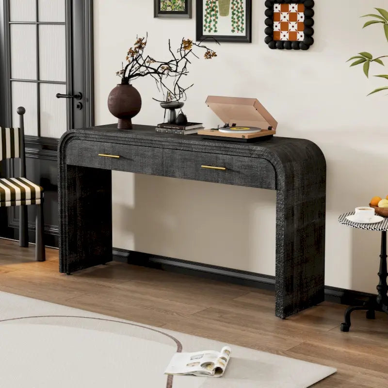 Consolle retrò in legno naturale/nero anticato con 2 cassetti