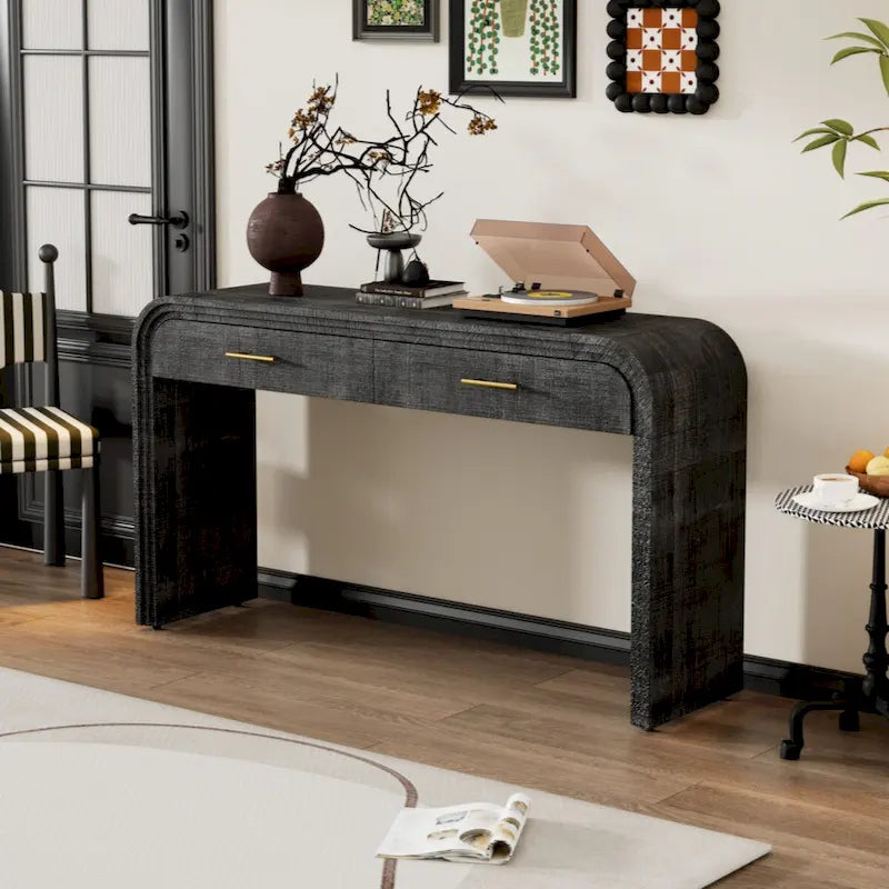 Consolle retrò in legno naturale/nero anticato con 2 cassetti