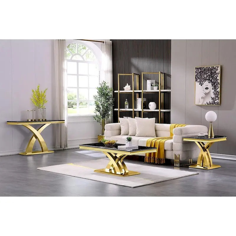 Tavolino/tavolo da appoggio con ripiano in marmo nero/grigio e base in metallo a X per 1