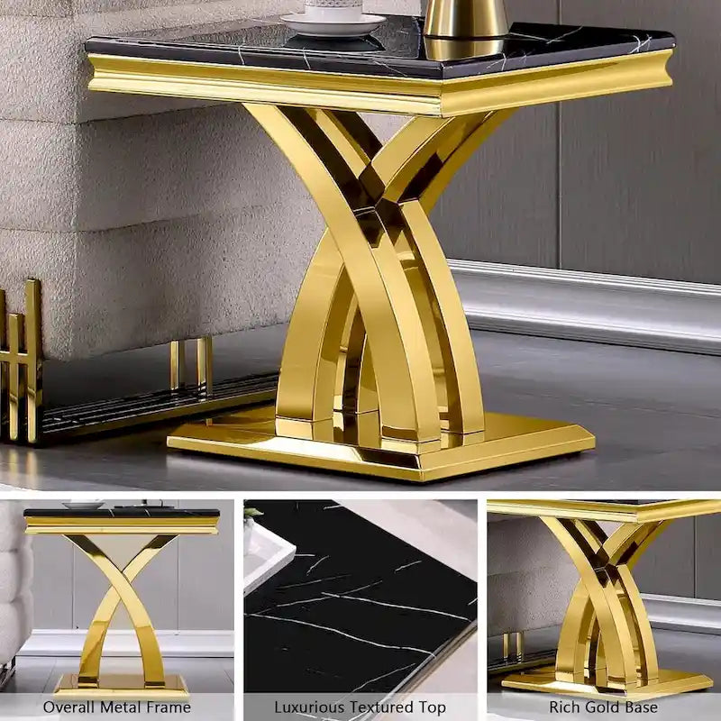 Tavolino/tavolo da appoggio con ripiano in marmo nero/grigio e base in metallo a X per 1