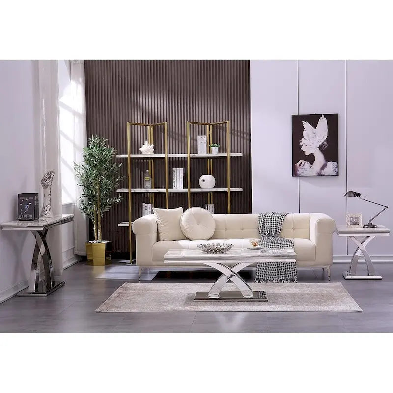 Tavolino/tavolo da appoggio con ripiano in marmo nero/grigio e base in metallo a X per 1