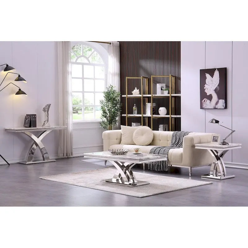 Tavolino/tavolo da appoggio con ripiano in marmo nero/grigio e base in metallo a X per 1
