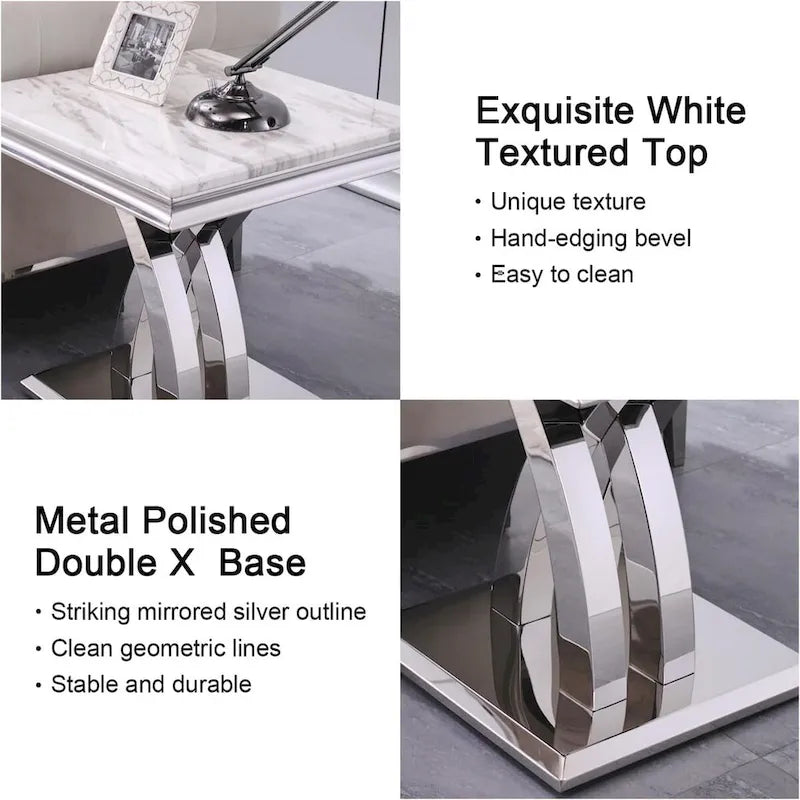 Tavolino/tavolo da appoggio con ripiano in marmo nero/grigio e base in metallo a X per 1