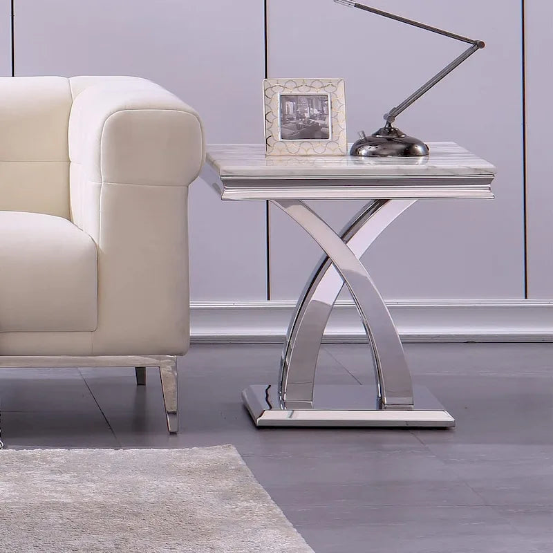 Tavolino/tavolo da appoggio con ripiano in marmo nero/grigio e base in metallo a X per 1