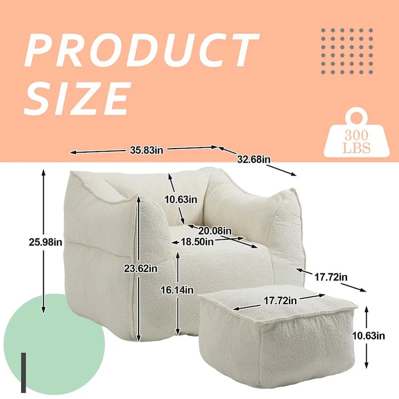 Poltrona sacco quadrata in bouclé multicolore con pouf, senza braccioli, 1-2 persone