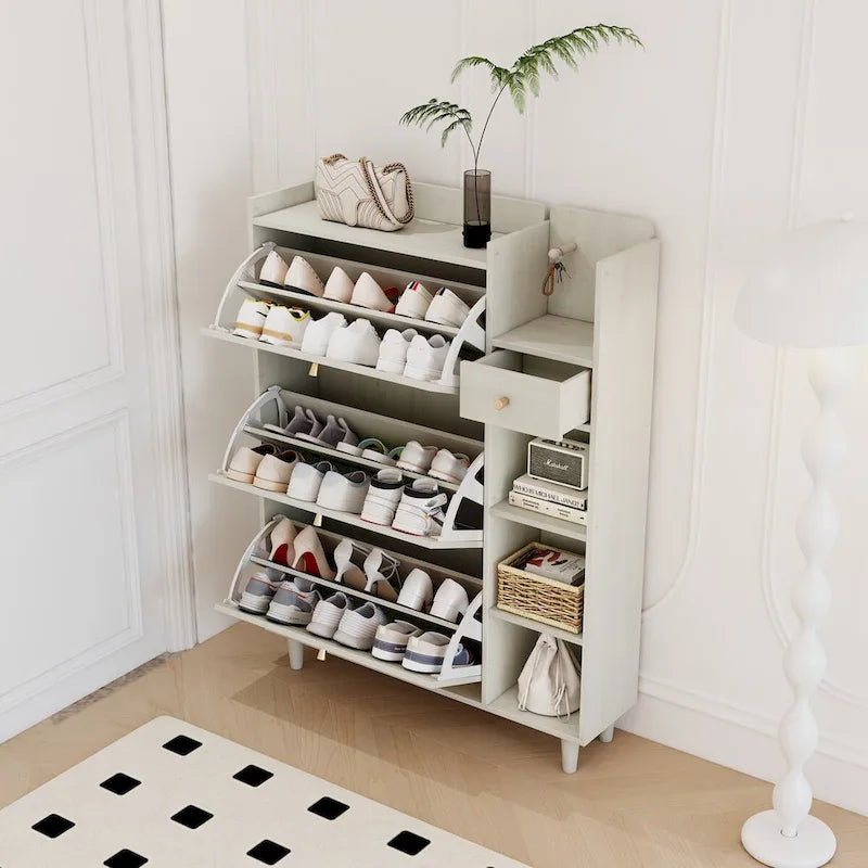 Mobile portascarpe bohémien in legno naturale/bianco antico con rattan – 3 cassetti, per 3+ utenti