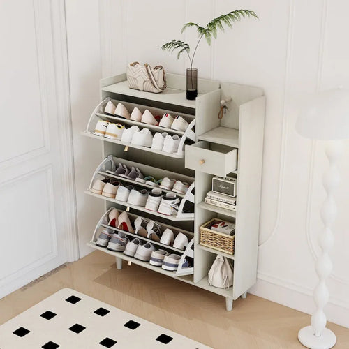 Mobile portascarpe bohémien in legno naturale/bianco antico con rattan – 3 cassetti, per 3+ utenti