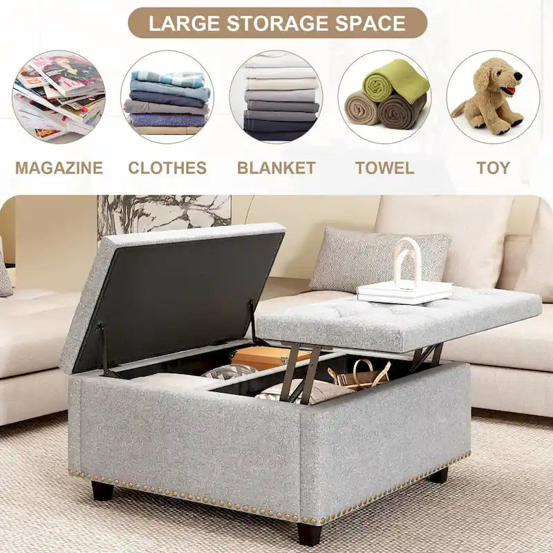 Pouf contenitore quadrato in pelle sintetica PU grigio chiaro, 1–2 persone