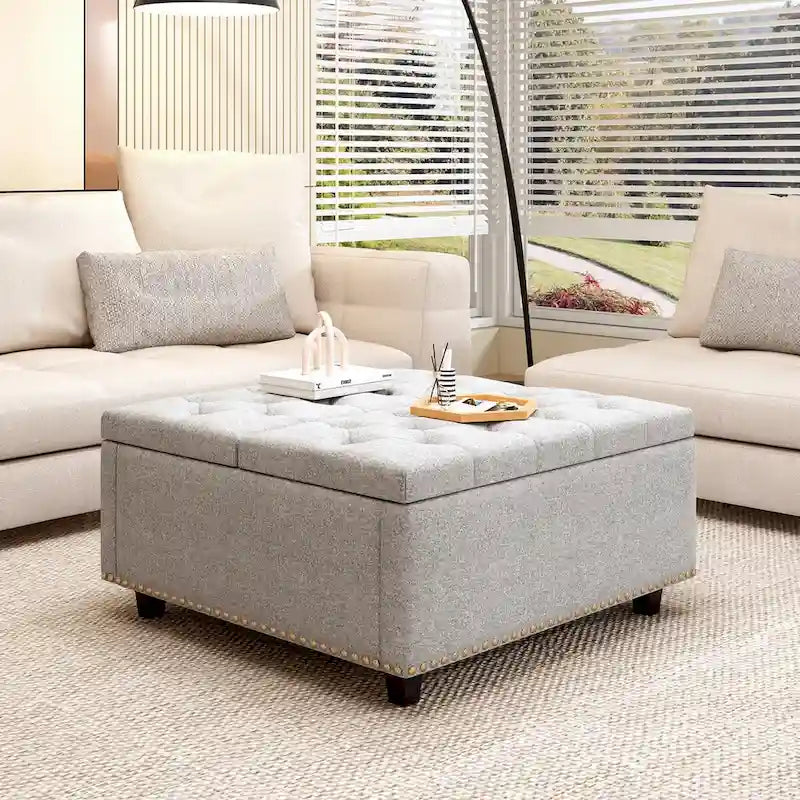 Pouf contenitore quadrato in pelle sintetica PU grigio chiaro, 1–2 persone