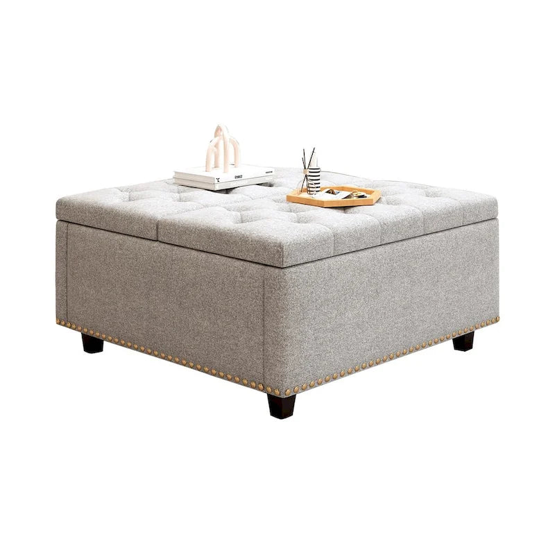 Pouf contenitore quadrato in pelle sintetica PU grigio chiaro, 1–2 persone