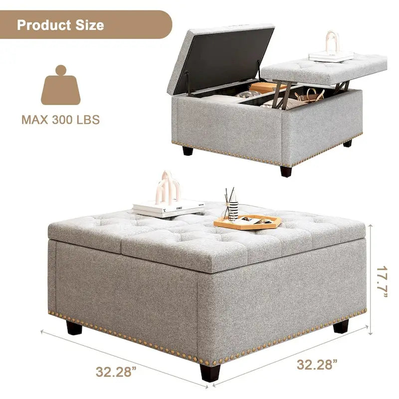 Pouf contenitore quadrato in pelle sintetica PU grigio chiaro, 1–2 persone